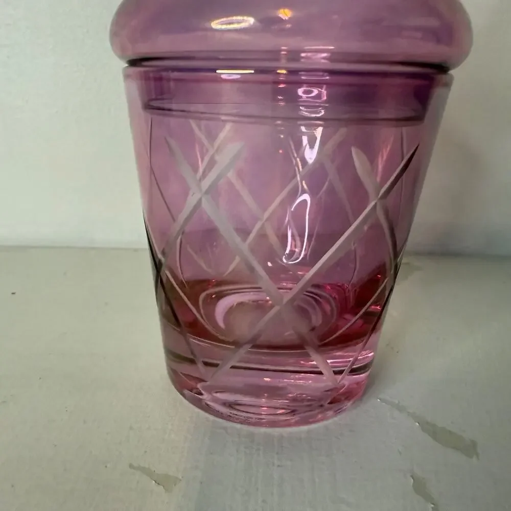 VTG MCM Iridescent Flashed Cranberry Red Pink Etched Covered Candy Dish w/ Lid